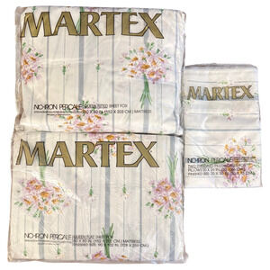NEW 4pc Martex QUEEN Sheet Set Sarah Floral Bouquet Stripe Pillowcases Sealed